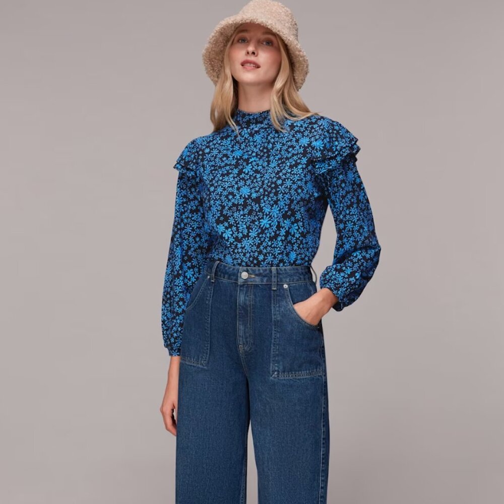 Whistles Women Cotton Blue Boho Frill Shoulder Floral Jersey Top US 8